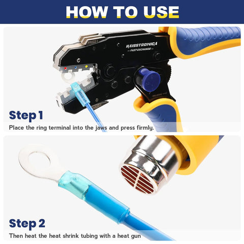 How-to-use guide for haisstronica heat shrink ring terminals; shows crimping tool, blue insulated ring terminal, and heat gun.