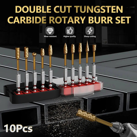 Versatile Ten Piece One Quarter Inch Carbide Burr Set With Quick Change Shank For Die Grinders Metal Wood Stone Deburring Engraving