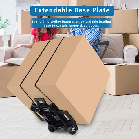 Ultra-compact, lightweight folding hand truck with extendable base carrying two boxes indoors.