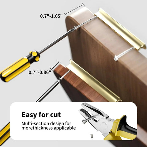 Champagne Bronze Cabinet Pulls being measured on wood showing easy installation with multi-section design for varied thicknesses.