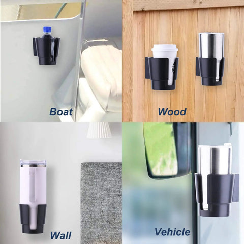 Heavy Duty Cup Holder Wall Mount Pack Of 2 installed on boat, wood, wall, vehicle; fits 20-40 oz cups, black, durable mount.