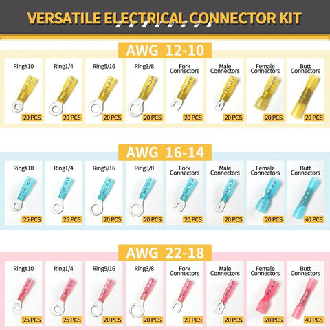 540-piece heat-shrink wire connector kit with color-coded AWG groups; rings, forks, male/female, butt connectors.