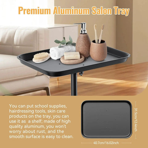 Adjustable Height Rolling Salon Tray On Wheels With 360 Degree Mobility and hair resistant swivel casters, holding salon tools.