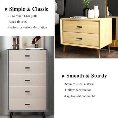 10 Pack Flat Black 2 Inch T Bar Cabinet Knobs installed on bedroom dresser, black finished, perfect for various decoration, lightweight.