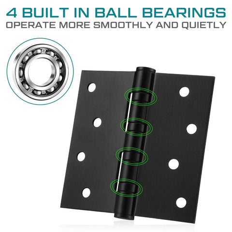 Front view of black 4x4 inch ball bearing door hinge with close-up showing ball bearings, part of 6 Pack 4x4 Inch Ball Bearing Door Hinges Stainless Steel Heavy Duty Exterior Hinges With Square Corners Black
