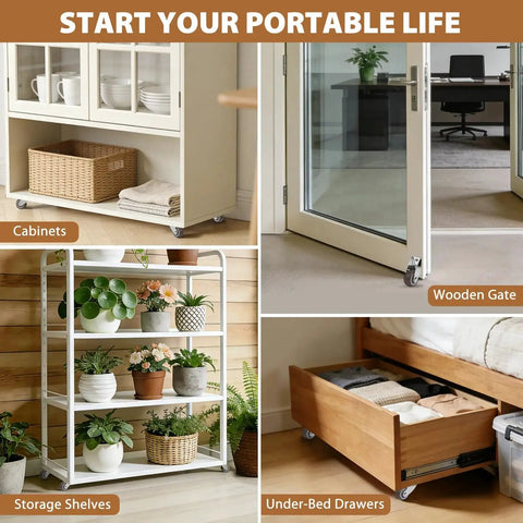 1.5 Inch Small Caster Wheels Two Pack on furniture, storage shelves, wooden gate, under-bed drawers for portability.
