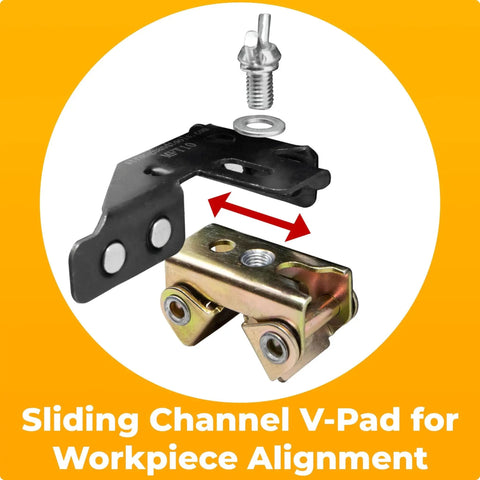 Adjustable Magnetic Tab Holder For Tack Welding With Vertical And Horizontal Tab Positioning Magnetic V Pads Adapt For Round Flat And Angled Metal Surfaces 18 Lbs Pull Force Patented Design For Fast Hands Free Alignment And Pro Grade Fab Shop Ready MFT10 showing V-pad with sliding channel