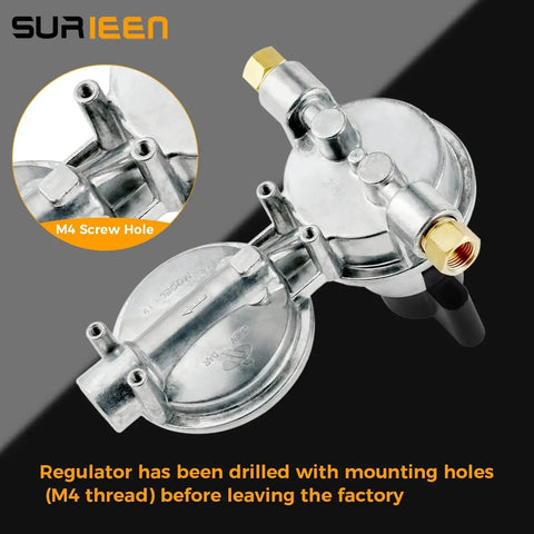 Top view of Two Stage Auto Changeover Propane Regulator For RVs Campers And Trailers with M4 mounting holes, metal finish
