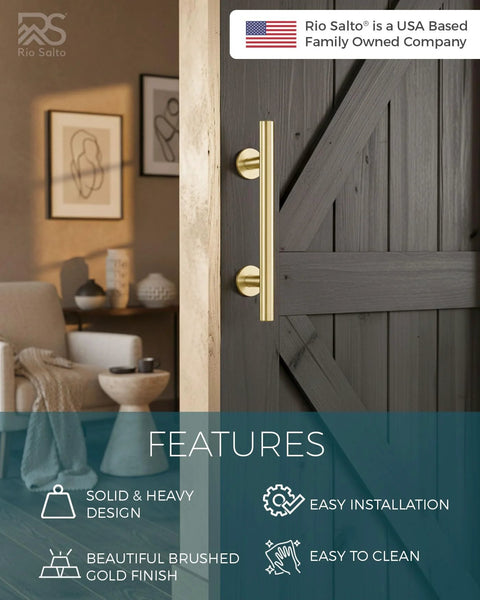 Dope 12 Inch Brushed Brass Gold Barn Door Handle Kit With Solid Aluminum Pulls And Flush Handles installed on wooden door
