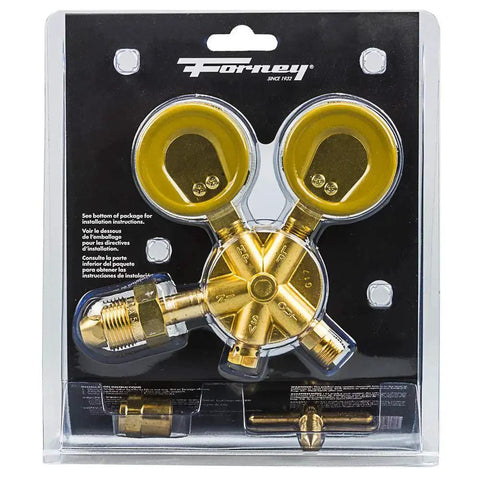 Argon CO2 Regulator Kit For Mig Welder 5/32 Inch in packaging, showing dual scale gauge with brass construction, Forney 85363