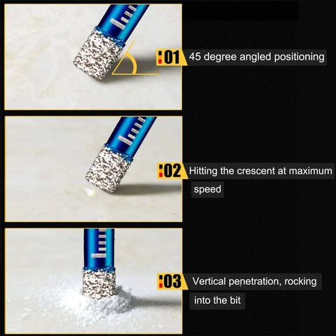 Three images showing the use of a 9 Piece Dry Diamond Drill Bits Set Pro Grade For Glass Ceramic Tile Granite Quartz Stone 6mm To 12mm Core Drill Kit Dry Drilling Bits For Precise Crack Free Holes And Fast Cutting In Porcelain And Marble, demonstrating angles and penetration techniques.