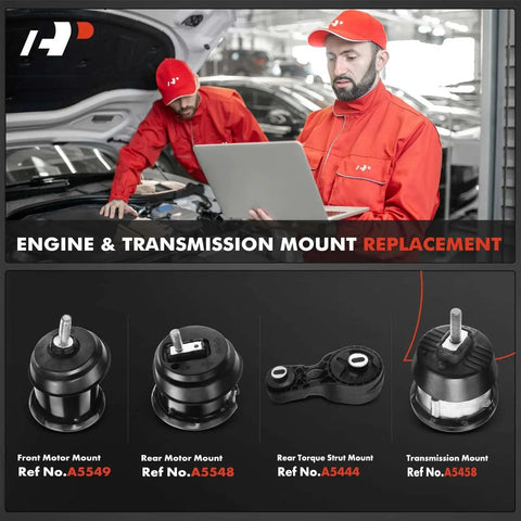 4 Piece Engine And Transmission Mount Kit For Chevrolet Traverse 2009 2017 GMC Acadia 2009 2016 Buick Enclave Saturn Outlook 2009 2010 3.6L V6 Automatic Replacement For OEM 215147744 25840450 Easy Install Drop In, showing components and technicians
