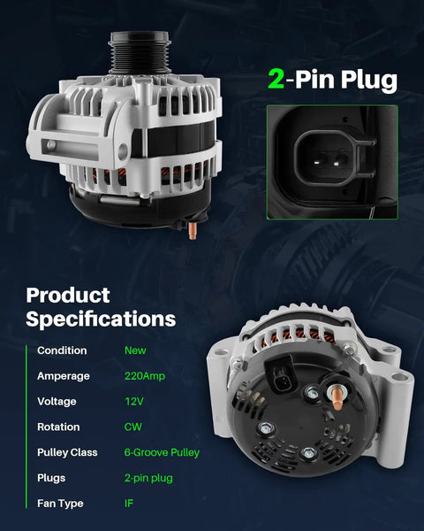Beefed Up Alternator Fits Chrysler 300 5.7L 6.4L V8 Jeep Grand Cherokee 5.7L 6.2L 6.4L Dodge Challenger Charger Durango 2011 Through 2024 Replacement Part, 2-pin plug and specifications view