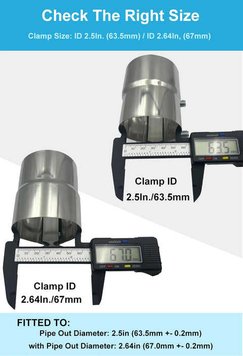 Stainless steel 2.5 inch exhaust clamp, lap joint, 2-pack; fits 63.5–67 mm exhaust pipe