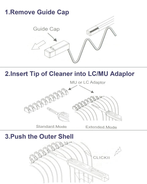 VANDESAIL LC fiber cleaner diagram: Remove guide cap, insert tip into LC/MU adapter, push outer shell.