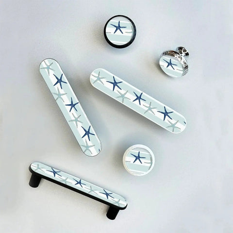 Blue Starfish Cabinet Pulls 4 Pack Center To Center Three Quarter Inch Silver Nautical Drawer Handles with 3D Starfish Design
