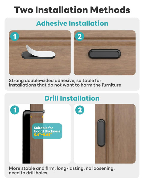 Two installation methods for Stick-On 4 Inch Aluminum Drawer Pulls, adhesive and drill, shown on wood cabinet and door.