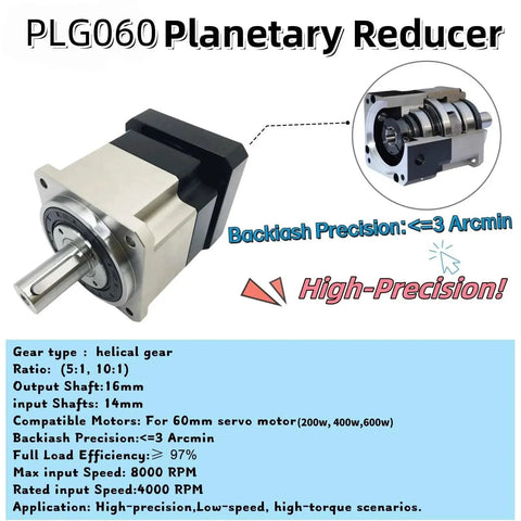 Boss Grade 10 To 1 Planetary Gearbox With Ultra Low Backlash 3 Arcmin Speed Reducer for 14mm shaft and 60x60mm frame, image with specs.
