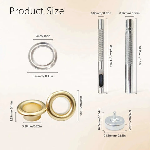 Sizes of tools and eylets from the Three Sixteenths Inch Metal Eyelets Grommets Kit With Boxed Installation Tools 600 Pieces In 12 Colors