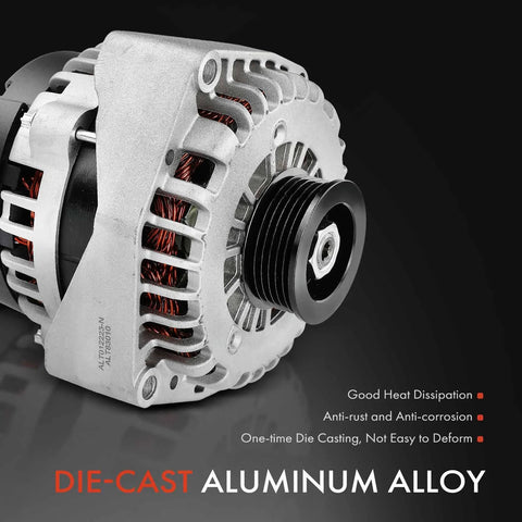 Close-up of a Rugged 12 Volt 160 Amp Alternator For Chevy Silverado 1500 Tahoe Suburban GMC Sierra Yukon Cadillac Escalade Hummer H2 With 6 Groove Pulley CW Replace 15093928 15857608 ADR0369 showcasing die-cast aluminum alloy construction