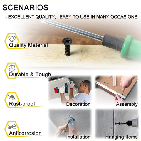 Heavy Duty Wood Screws Set 270 Pcs in Eight Size Assortment with installation and use scenarios, showing quality material and durability.