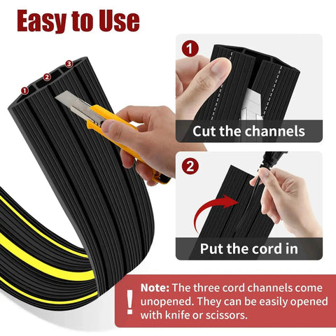 Instructions for using 6 Ft Floor Cable Cover With Three Large Cord Channels For Wires On The Floor Beefy Heavy Duty PVC Duct