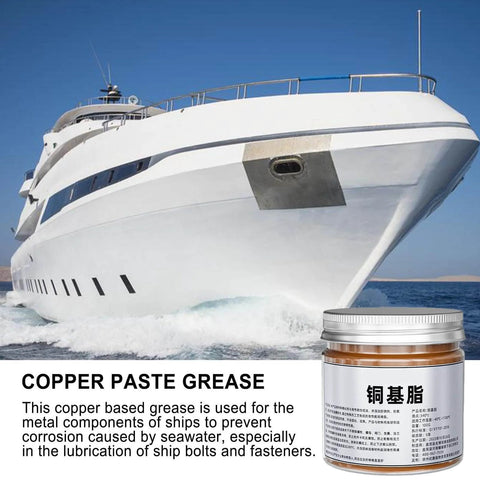 Container of Copper Anti Seize Thread Lubricant Paste For Cars Pro Grade Auto Maintenance Grease 100g next to a large yacht.