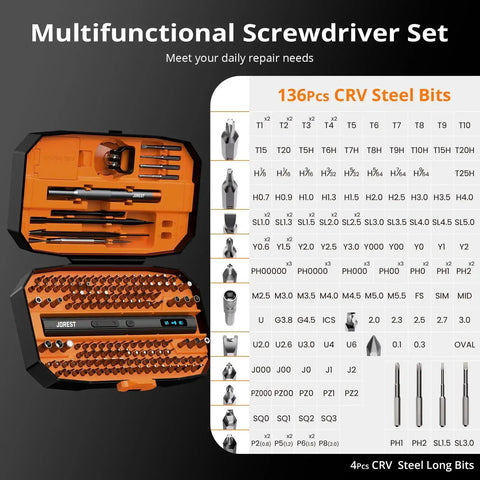 Open compact 155 in 1 mini electric screwdriver cordless set showing bits and tools, ideal for PC, PS5, iPhone repairs.