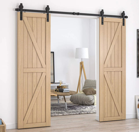 Installed Beefy Sliding Barn Door Hardware Kit For Double Doors Black Finish Eight Foot Rail System With I Shape Hanger