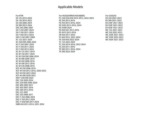 List of applicable models for Hydraulic Clutch Lever And Master Cylinder For KTM Dirt Bikes, CNC Aluminum, Pro Grade Durability
