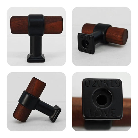 4 Pack Walnut Wood Drawer Pulls with Mounting Screws One Point Five Seven Inch T Bar Cabinet Handles, metal and wood finish.
