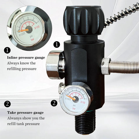 Paintball fill station valve, black body with M18x1.5 thread, 4500 psi dual gauges, 20in hose