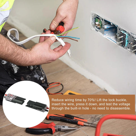 Person using 50 Pieces Quick Clip Fasteners For 22 18 AWG Automotive LED Wire Connectors And LED Strip Splicing Suitable For Speaker Trailer Audio Marine Car Vehicle Battery Truck Ground And Low Voltage Wiring Connectors Kit in wall installation