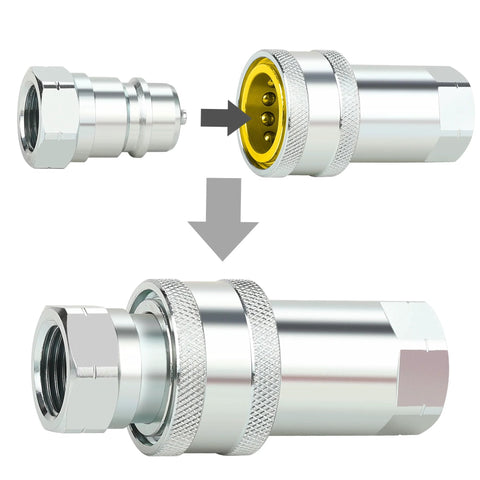 ANCIMOON 1/2'' ISO 5675 hydraulic quick-connect coupler with dust caps, silver metal, knurled grip