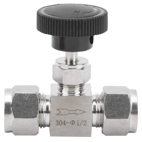 Image of a high pressure needle valve for water and gas control, industrial grade 304 stainless steel, with precise adjustment dial.