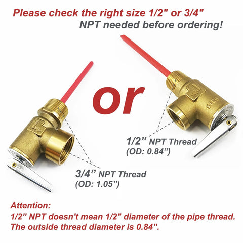 LECLOC RV brass relief valve for electric water heater with extended probe, 1/2 in or 3/4 in NPT threads, front/side views