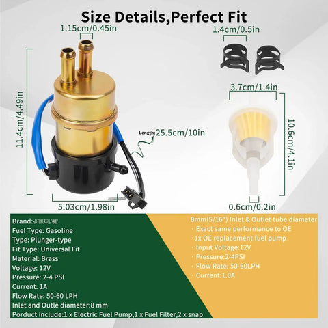 12V Electric Fuel Pump For Yamaha V Star 650 XVS650 XV1000 XVS1100 Virago XV535 size details with brass finish and accessories