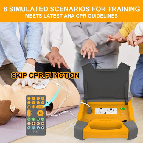 AED Trainer Kit With Realistic AED Simulator For CPR Practice, Semi And Full Auto Modes shown in use with manikin and remote control