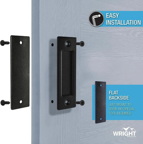 Matte Black Sliding Barn Door Handles Set With Included Hardware Kit, Easy Surface Mount Installation shown on a door.