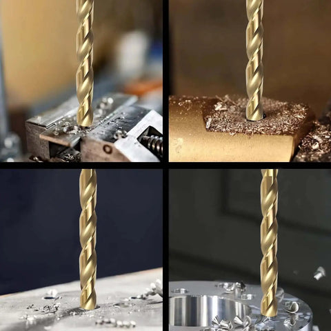 Cobalt Drill Bit Set 13 Pc Pro Grade M35 HSS With 135 Degree Tip For Hardened Metal Wood Plastic And Stainless Steel shown in use.