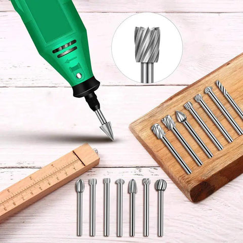 Pro Grade Twenty Piece Wood Engraving Router Bit Set With One Eighth Inch Shank Three Millimeter Burrs HSS displayed on table