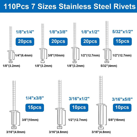 Diagram of the 110 Piece Stainless Steel Blind Rivet Kit With Seven Sizes In A Labeled Organizer, showing sizes and quantities.