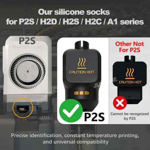 Silicone socks for P2S H2D H2S H2C A1 series, showing compatibility comparison with P2S extruder. Caution Hot warning visible.