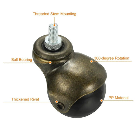 Ball Caster Wheels 2 Inch Diameter 360 Degree Movable With Threaded Stem 4 Pack Bronze for furniture showing close-up of threaded stem and PP material.