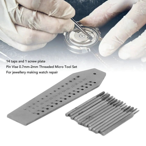 Fourteen Piece Micro Tap And Die Set For Jewelry Making And Watch Repair, showing taps, dies, and screw plate near watch