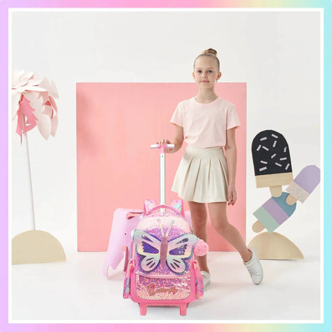Girl with Rolling Backpack With Wheels For Girls 3 In 1 Travel Luggage Set Includes Lunch Box And Pencil Case Perfect For School And Sleepovers