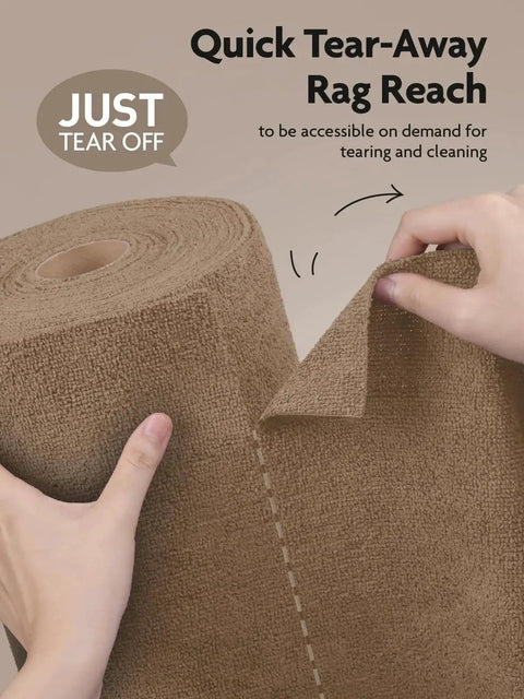 Hands tearing a sheet from a Tear-Away Microfiber Cleaning Cloth Roll 12-Inch Reusable 75 Pack for quick cleanup.