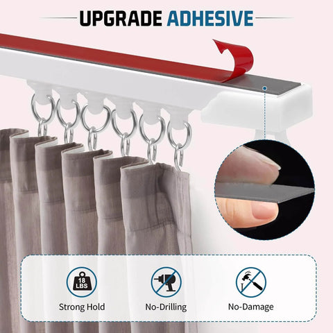 No Drill Adhesive Curtain Track With 10.5ft Ceiling And Wall Mount, easy installation, close-up of adhesive strip and mounted curtain