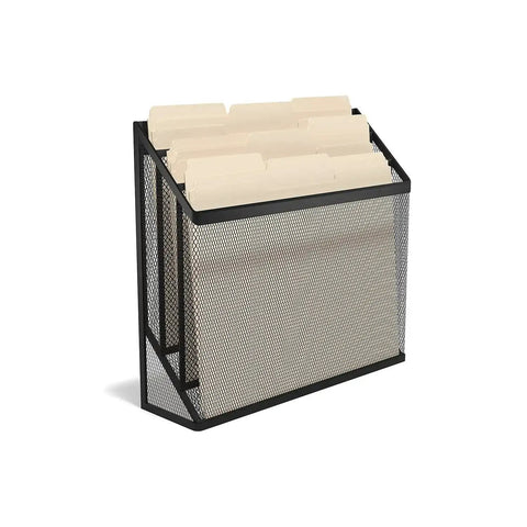 Wire Mesh File Organizer Three Compartment Matte Black Vertical Desk Sorter with folders visible for home office use