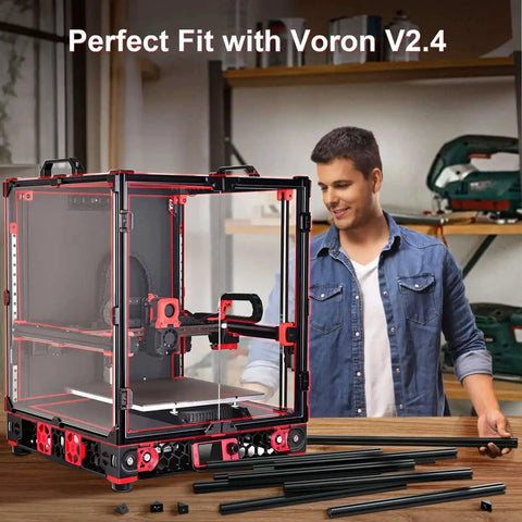 Man assembling 350mm Extrusion Frame Kit for 3D Printers with 2020 Aluminum Square Extrusions Anodized Black Blind Joints
